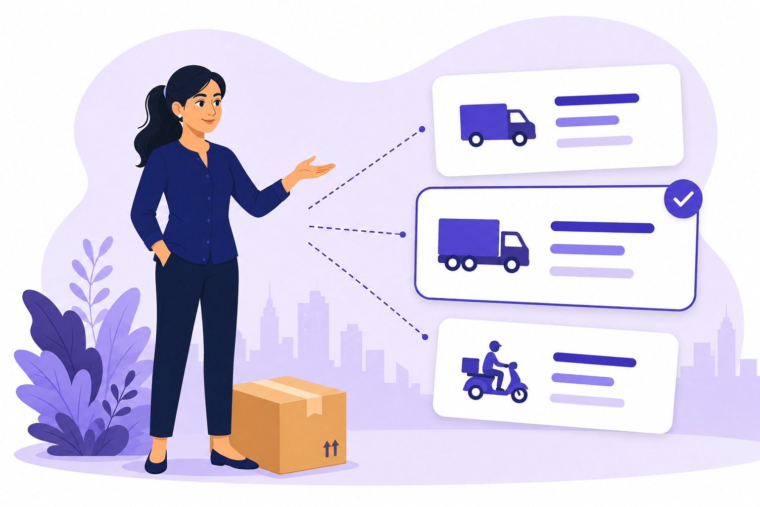 Illustration of a seller presenting three courier options side by side, with the highest-scoring carrier marked as automatically selected