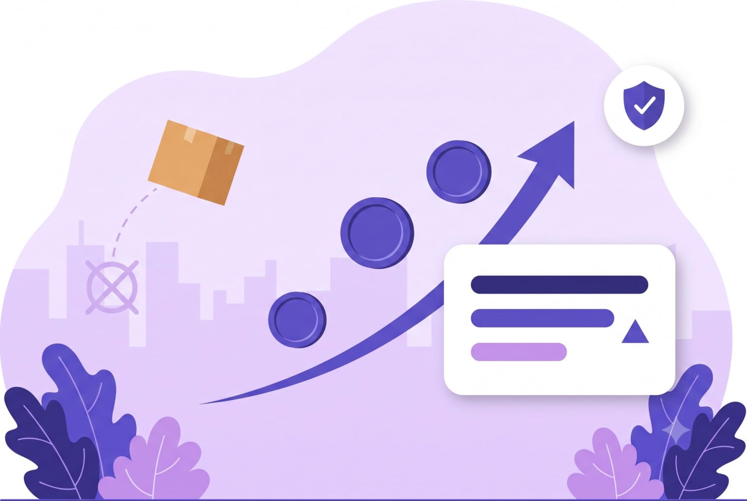 Illustration of a parcel diverted away from a failed return path, with recovered funds flowing back into a seller's account balance