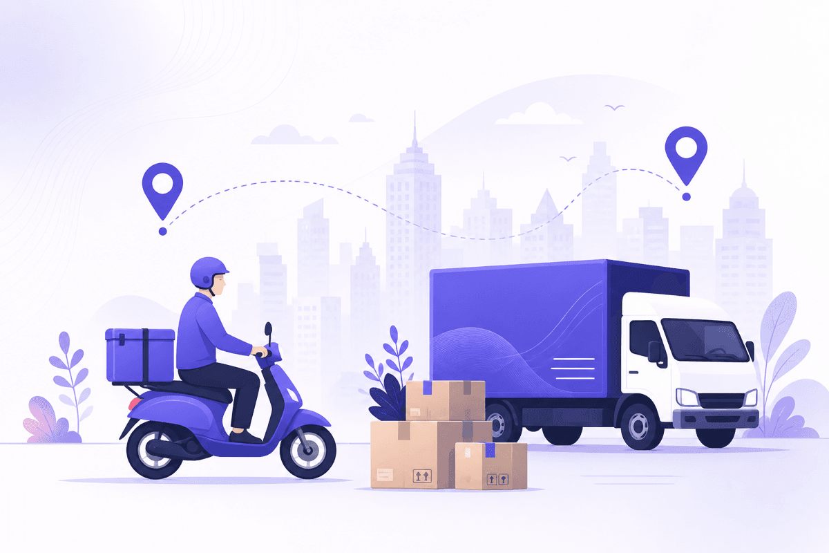 Illustration of a delivery scooter and truck moving parcels across a city, connected by a routed delivery path